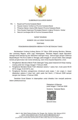 PENGUMUMAN RESMI: Pemprov Sulbar Instruksikan Pengibaran Bendera Setengah Tiang Sebagai Tanda Berkabung