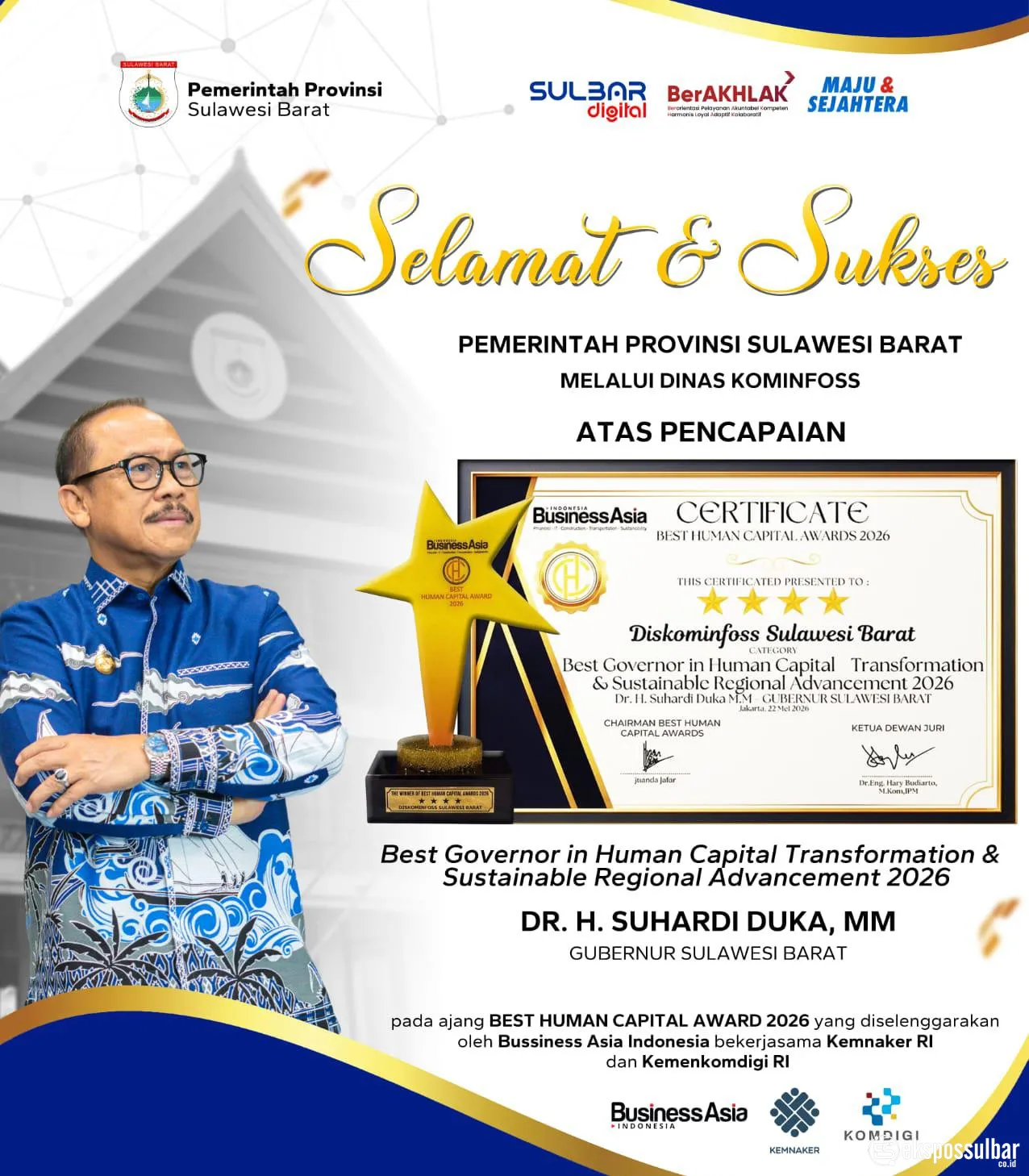 Sukses Transformasi Digital, Gubernur Suhardi Duka dan Diskominfoss Sulbar Sabet Penghargaan Nasional