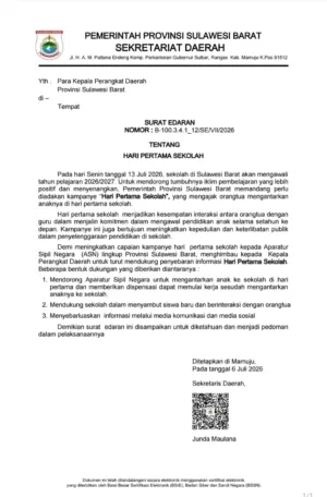 Pemprov Sulbar Beri Dispensasi ASN Antar Anak ke Sekolah, Senin 13 Juli Tahun Ajaran Baru Dimulai