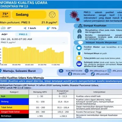 DLHK Sulbar Informasikan Kualitas Udara Mamuju Kategori Sedang, PM2.5 Tercatat 21,9 µg/m³