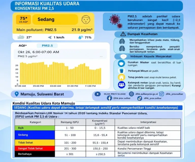 DLHK Sulbar Informasikan Kualitas Udara Mamuju Kategori Sedang, PM2.5 Tercatat 21,9 µg/m³